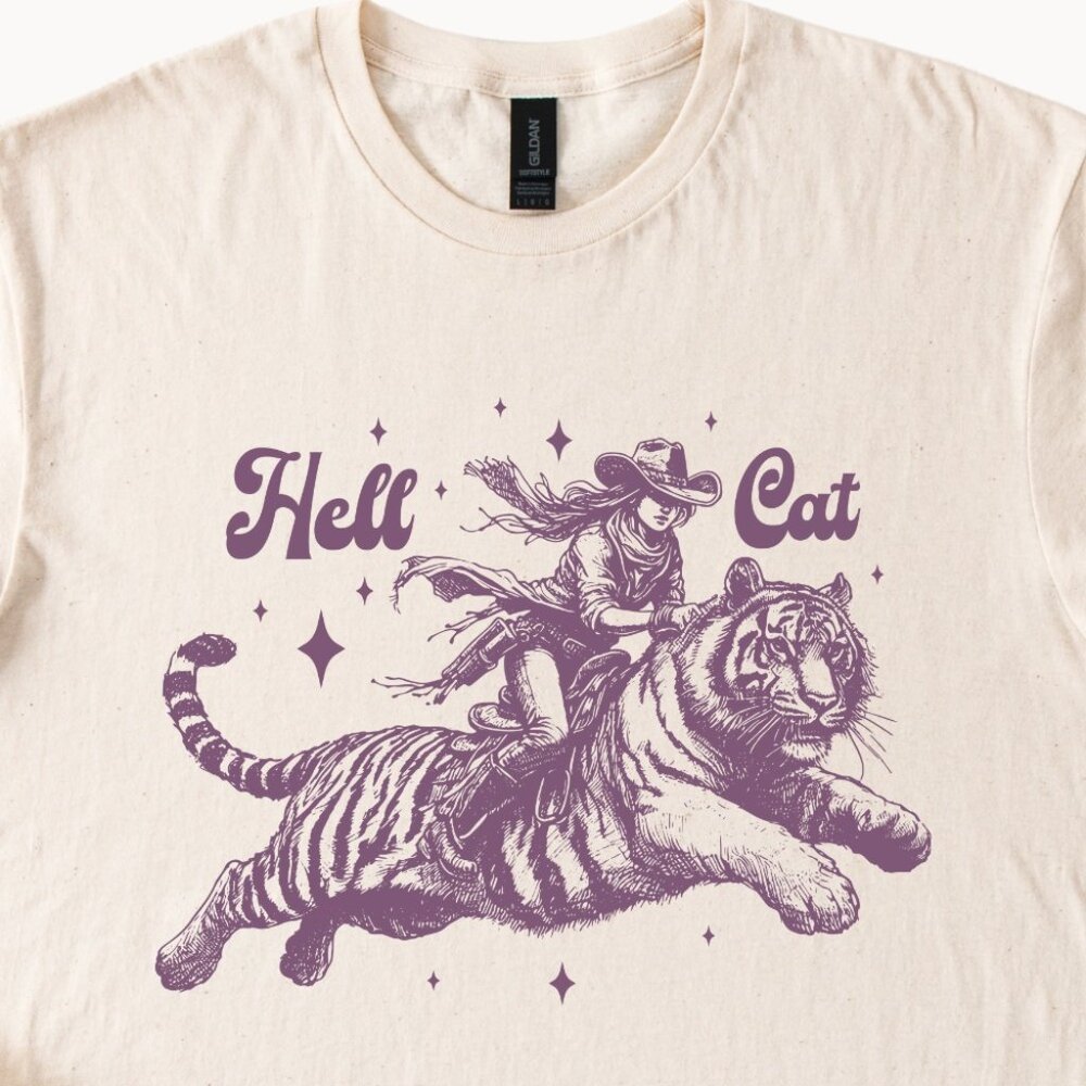Funny Tiger Shirt Unisex Graphic Shirt Hell Cat Tiger Casual Beige